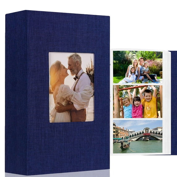 Photo Album 4x6 300 Pictures, Photo Book Linen Cover with Front Window, Large Capacity Slip-in Picture Albums with Horizontal Pockets for Wedding Kids Travel Anniversary Family Baby Pictures, Blue