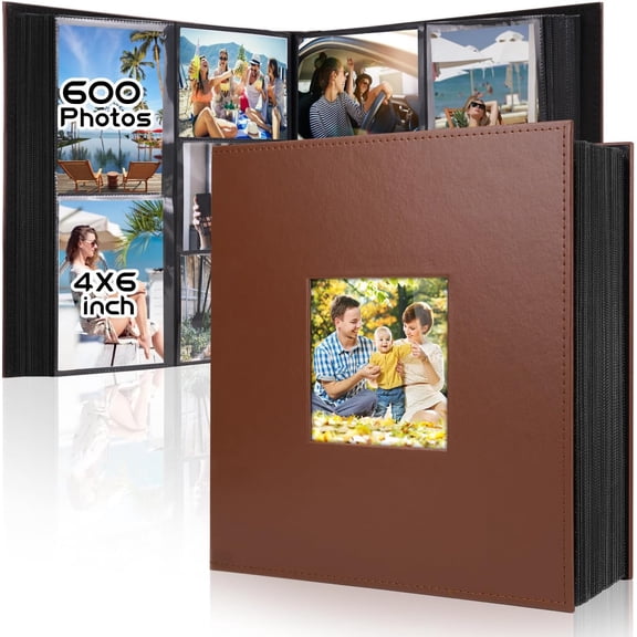 Photo Album 4x6 600 Photos Leather Cover Large Capacity Album with Window Design Holds 600 Pictures of Family, Storing Precious Memories(Brown, 600 Pockets)