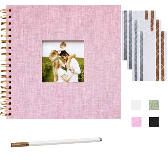 Photo Album DIY Scrapbook (10x10 inch 40 Pages Double Sided),Linen Cover with Display Window for Memory DIY Album Supplies Wedding Anniversary Family,Pink