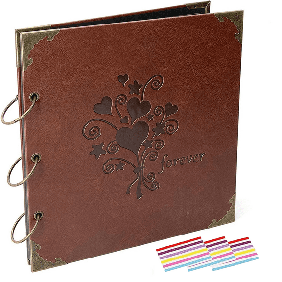 Photo Album DIY Scrapbook, 10x10 inch 50 Pages Double Sided, Vintage Leather Cover Three-Ring Binder Family Picture Booth