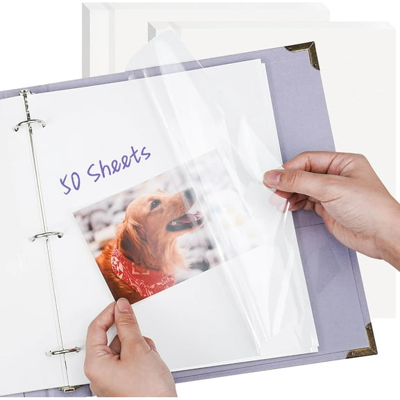 Photo Album Refill Pages for 3 Ring Binder, 50 Sheets/100 Pages Self Adhesive Scrapbook Papers, Letter Size Photo Album Inner Pages Fit 2x3 4x6 5x7 8x10 Photos Stamps Recipe Cards