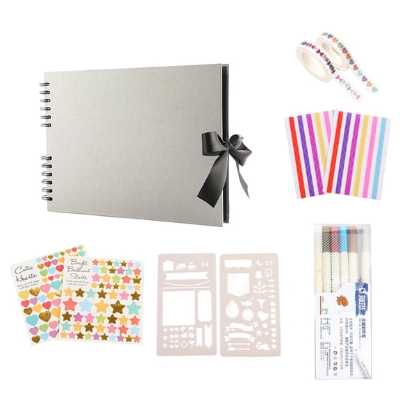 Photo Album Scrapbook, 12X8 Inch Gray Cover Spiral Scrapbook with Bow Ribbon, Gel Pens for Black Paper, Scrapbooking and Decorative Tape Set, Complete Diy Album Bundle with 6