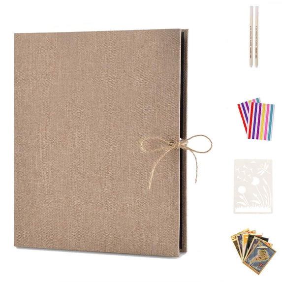 Photo Album Scrapbook, AIOR Linen Refillable Scrap Book Diy Scrapbooking Personalized Guest Book with Black Pages, Family Memory Book Wedding Anniversary Valentines Graduation Fathers Day Gifts, Beige