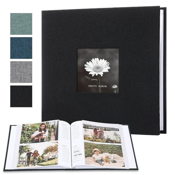 Photo Album With Writing Space,4-Photo Per Page Memory Keeper With Clear Pocket Sleeves and DIY Linen Cover,Personal Journaling and Scrapbooking Album for Home Office Gift Display-Black