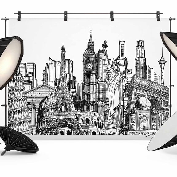 Photo Backdrop 5x7 ft Architecture Landscape Photography Backdrops Curtains Wall Covering Modern City Landmarks Photo Booth Drapes for Backdrop Photoshoot Wedding Party Birthday Background Screen