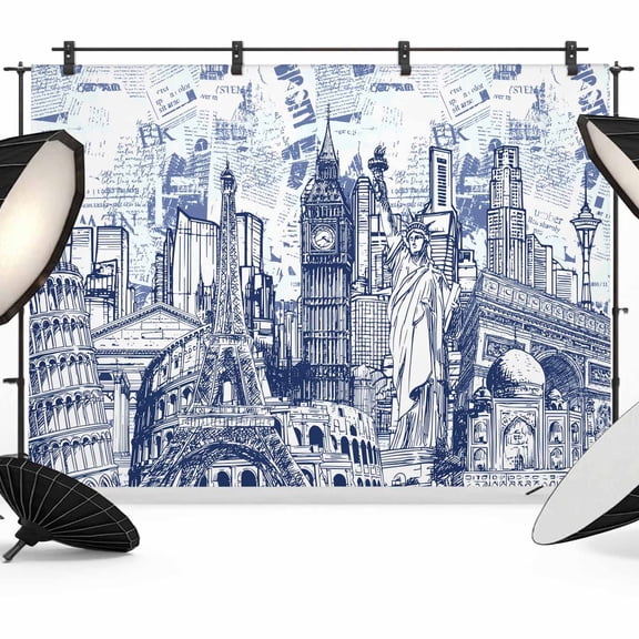 Photo Backdrop 5x7 ft Architecture Landscape Photography Backdrops CurtainsNavy Blue Historic Landmarks Photo Booth Drapes for Backdrop Photoshoot Wedding Party Birthday Background Screen