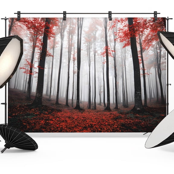Photo Backdrop 5x7 ft Autumn Maple Forest Photography Backdrops Curtains Wall Covering Red Misty Forest Trees Photo Booth Drapes for Backdrop Photoshoot Wedding Party Birthday Background Screen