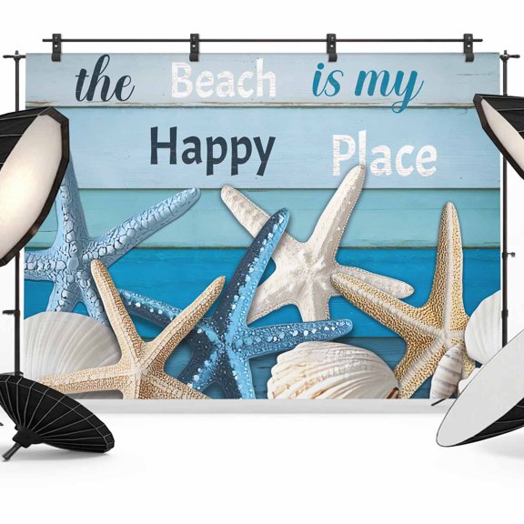 Photo Backdrop 5x7 ft The Beach Is My Happy Place Photography Backdrops Curtains Wall Covering Shell Starfish Photo Booth Drapes for Backdrop Photoshoot Wedding Party Birthday Background Screen