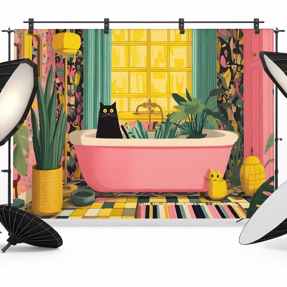 Photo Backdrop 5x7 ft Black Cat I Photography Backdrops Curtains Wall Covering Modern Pink Bathtub Tropical Plants Photo Booth Drapes for Backdrop Photoshoot Wedding Party Birthday Background Screen