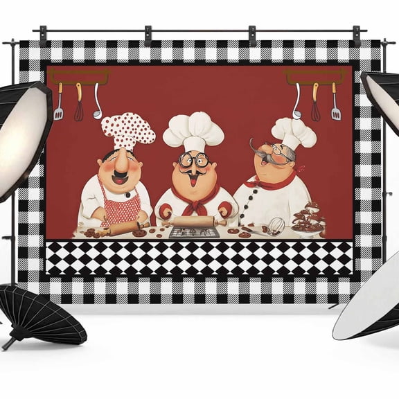 Photo Backdrop 5x7 ft Black Cooking Chefs Photography Backdrops Curtains Wall Covering Funny Cooker Checked Plaid Photo Booth Drapes for Backdrop Photoshoot Wedding Party Birthday Background Screen