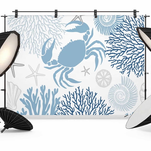 Photo Backdrop 5x7 ft Blue Crab Photography Backdrops Curtains Picture Wall Covering Ocean Coral Starfish Shell Photo Booth Drapes for Backdrop Photoshoot Wedding Party Birthday Background Screen