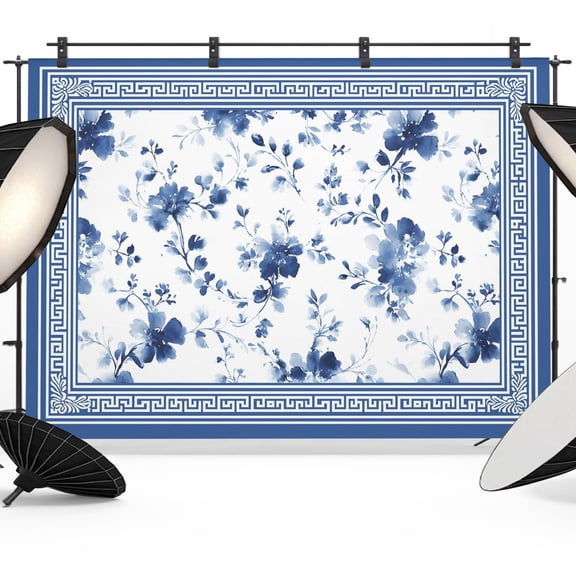 Photo Backdrop 5x7 ft Blue Flowers Photography Backdrops Curtains Wall Covering Watercolor Floral Geometric Frame Photo Booth Drapes for Backdrop Photoshoot Wedding Party Birthday Background Screen