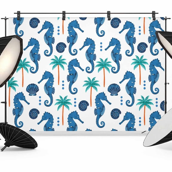 Photo Backdrop 5x7 ft Blue Hippocampus Photography Backdrops Curtains Wall Covering Summer Tropical Palm Tree Photo Booth Drapes for Backdrop Photoshoot Wedding Party Birthday Background Screen
