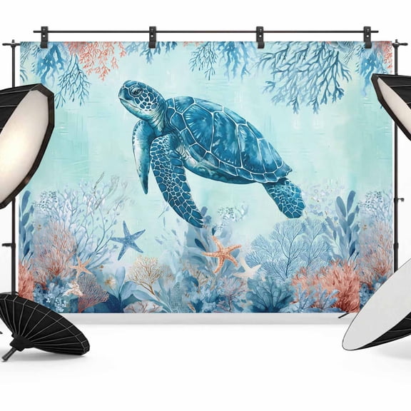 Photo Backdrop 5x7 ft Blue Sea Turtle Photography Backdrops Curtains Wall Covering Ocean Starfish Coral Shell Photo Booth Drapes for Backdrop Photoshoot Wedding Party Birthday Background Screen