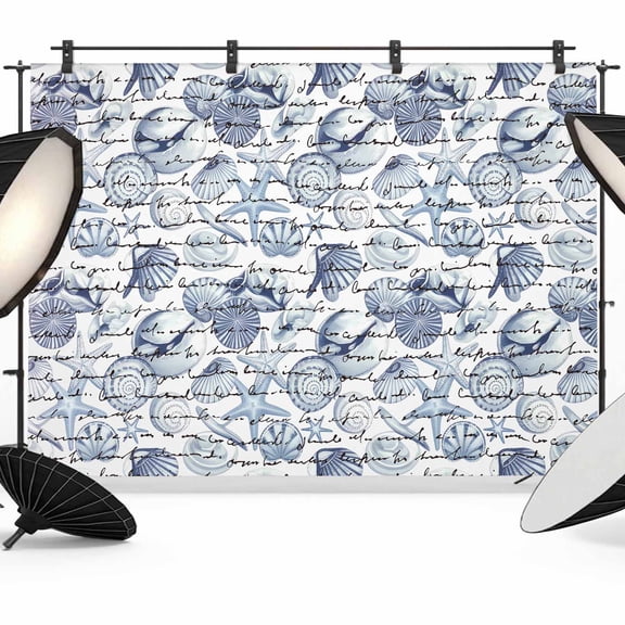 Photo Backdrop 5x7 ft Blue Shell Photography Backdrops Curtains Picture Wall Covering Conch Starfish Text Photo Booth Drapes for Backdrop Photoshoot Wedding Party Birthday Background Screen