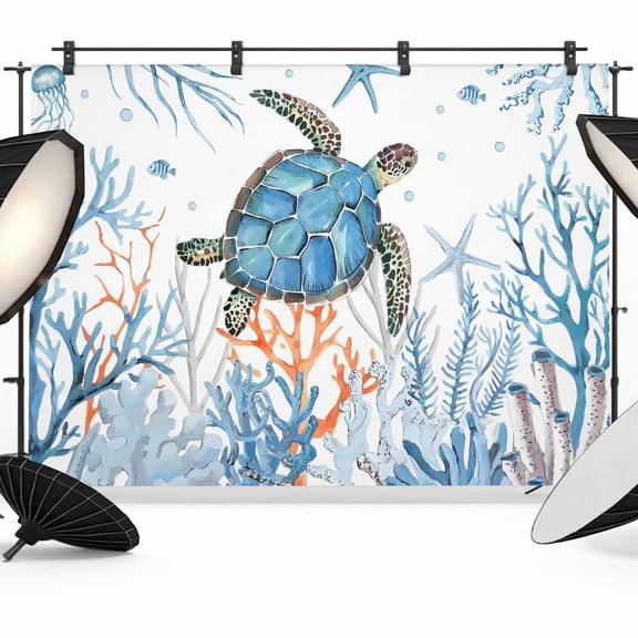 Photo Backdrop 5x7 ft Blue Turtle Photography Backdrops Curtains Wall Covering Cora Marine Life Fish Seagrass Photo Booth Drapes for Backdrop Photoshoot Wedding Party Birthday Background Screen