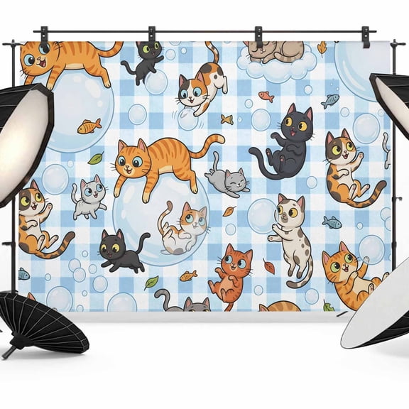 Photo Backdrop 5x7 ft Bubble Cute Cat Photography Backdrops Curtains Wall Covering Playing Animal Catty Fish Photo Booth Drapes for Backdrop Photoshoot Wedding Party Birthday Background Screen
