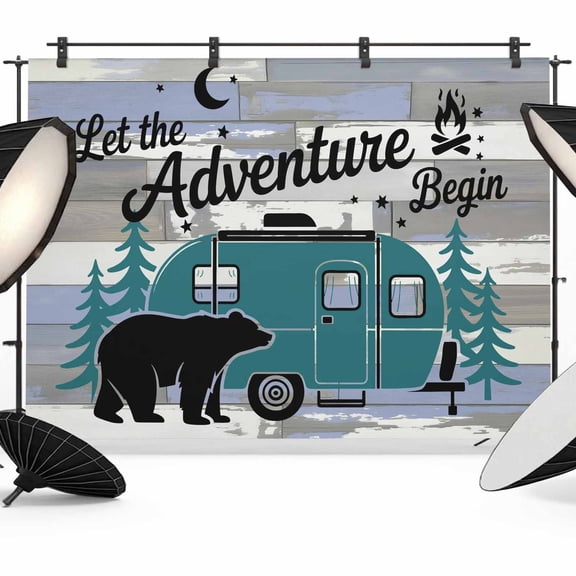 Photo Backdrop 5x7 ft Camper Van Bear Photography Backdrops CurtainsLet The Adventure Begin Moon Flame Wood Photo Booth Drapes for Backdrop Photoshoot Wedding Party Birthday Background Screen