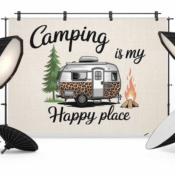 Photo Backdrop 5x7 ft Camping Is My Happy Place Photography Backdrops Curtains Wall Covering Camper Van Tree Flame Photo Booth Drapes for Backdrop Photoshoot Wedding Party Birthday Background Screen