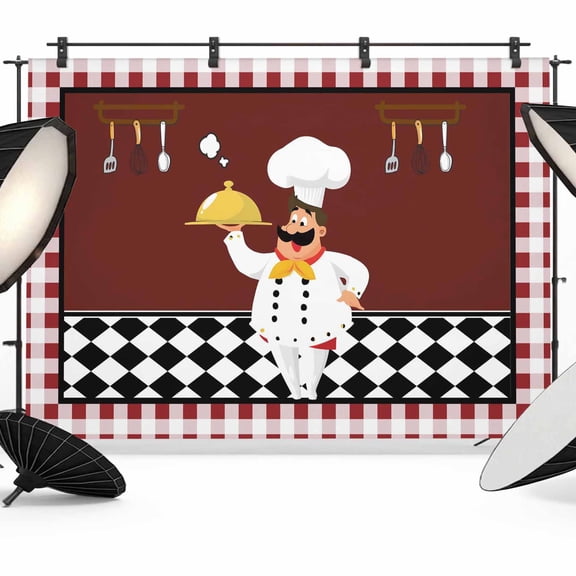 Photo Backdrop 5x7 ft Cartoon Chef Photography Backdrops Curtains Picture Wall Covering Kitchen Gourmet Red Plaid Photo Booth Drapes for Backdrop Photoshoot Wedding Party Birthday Background Screen