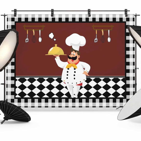 Photo Backdrop 5x7 ft Cartoon Chef Photography Backdrops Curtains Wall Covering Kitchen Gourmet Black Plaid Photo Booth Drapes for Backdrop Photoshoot Wedding Party Birthday Background Screen