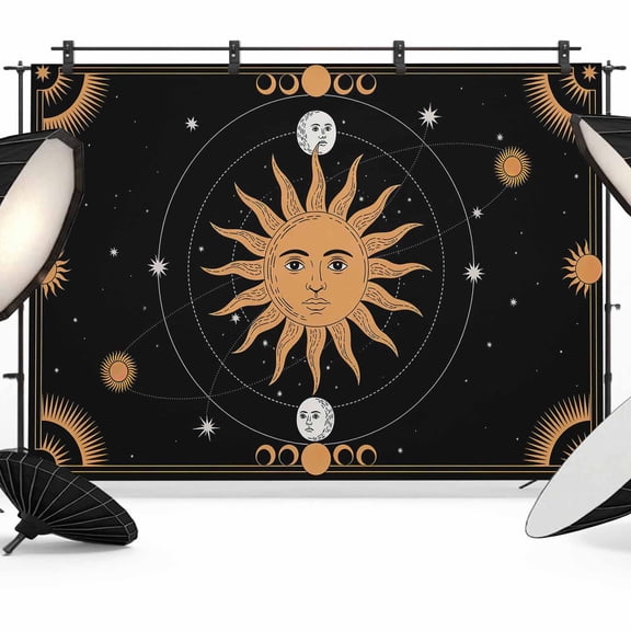 Photo Backdrop 5x7 ft Celestial Sun and Moon Photography Backdrops Curtains Wall Covering Black Sky Gold Star Boho Photo Booth Drapes for Backdrop Photoshoot Wedding Party Birthday Background Screen