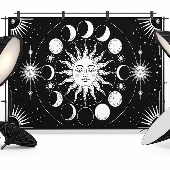 Photo Backdrop 5x7 ft Celestial Sun and Moon Photography Backdrops Curtains Wall Covering Black Starry Galaxy Boho Photo Booth Drapes for Backdrop Photoshoot Wedding Party Birthday Background Screen