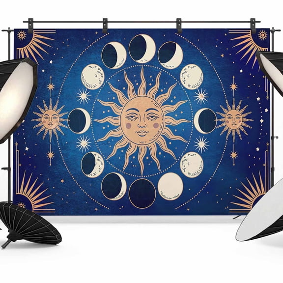 Photo Backdrop 5x7 ft Celestial Sun and Moon Photography Backdrops Curtains Wall Covering Blue Starry Galaxy Boho Photo Booth Drapes for Backdrop Photoshoot Wedding Party Birthday Background Screen