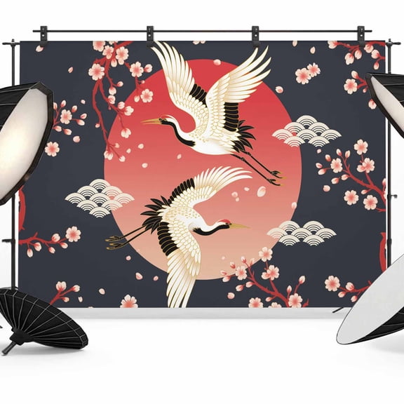 Photo Backdrop 5x7 ft Cherry Blossom Crane Photography Backdrops Curtains Wall Covering Japanese Style Cloud Black Photo Booth Drapes for Backdrop Photoshoot Wedding Party Birthday Background Screen