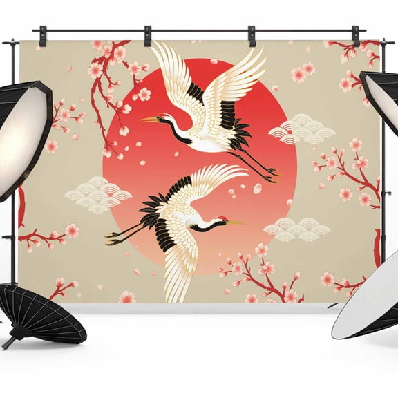 Photo Backdrop 5x7 ft Cherry Blossom Crane Photography Backdrops Curtains Wall Covering Japanese Style Cloud Photo Booth Drapes for Backdrop Photoshoot Wedding Party Birthday Background Screen