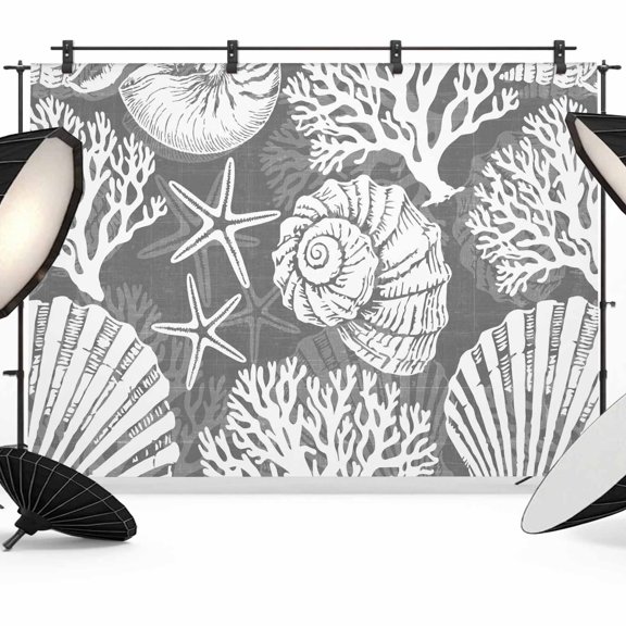 Photo Backdrop 5x7 ft Coastal Conch Photography Backdrops Curtains Picture Wall Covering Grey Shell Coral Starfish Photo Booth Drapes for Backdrop Photoshoot Wedding Party Birthday Background Screen