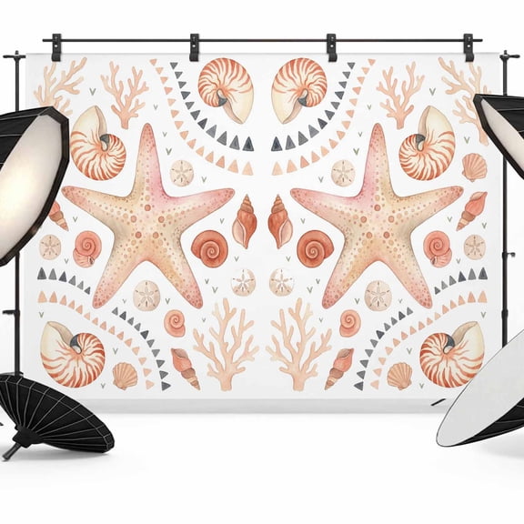 Photo Backdrop 5x7 ft Coastal Coral Starfish Photography Backdrops Curtains Wall Covering Ocean Shell Conch Photo Booth Drapes for Backdrop Photoshoot Wedding Party Birthday Background Screen