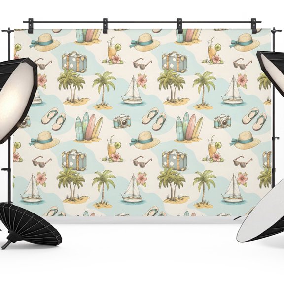 Photo Backdrop 5x7 ft Coastal Palm Tree Photography Backdrops Summer Beach Sailboat Surfboard Photo Booth Drapes for Backdrop Photoshoot Wedding Party Birthday Background Screen