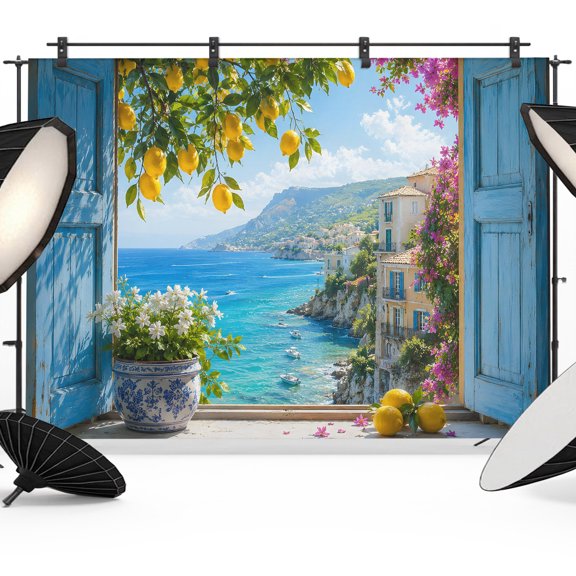 Photo Backdrop 5x7 ft Coastal Scenery Lemon Photography Backdrops Blue Wooden Frame Window View Photo Booth Drapes for Backdrop Photoshoot Wedding Party Birthday Background Screen