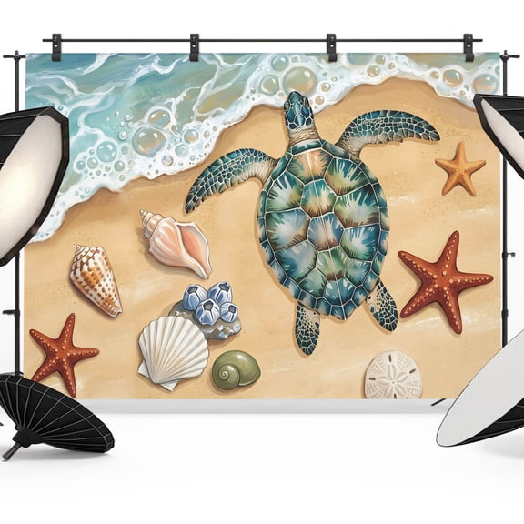Photo Backdrop 5x7 ft Coastal Sea Turtle Photography Backdrops Curtains Wall Covering Starfish Shell Sandy Beach Photo Booth Drapes for Backdrop Photoshoot Wedding Party Birthday Background Screen