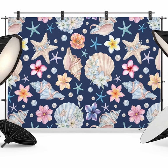 Photo Backdrop 5x7 ft Coastal Shell Conch Photography Backdrops CurtainsNavy Blue Summer Ocean Starfish Photo Booth Drapes for Backdrop Photoshoot Wedding Party Birthday Background Screen