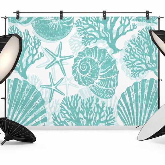 Photo Backdrop 5x7 ft Coastal Shell Conch Photography Backdrops CurtainsTeal Green Ocean Coral Starfish Photo Booth Drapes for Backdrop Photoshoot Wedding Party Birthday Background Screen
