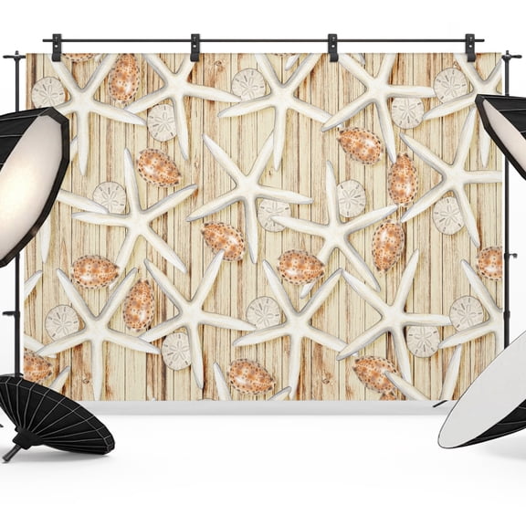 Photo Backdrop 5x7 ft Coastal Starfish Shell Photography Backdrops Curtains Wall Covering Ocean Beige Wood Grain Photo Booth Drapes for Backdrop Photoshoot Wedding Party Birthday Background Screen