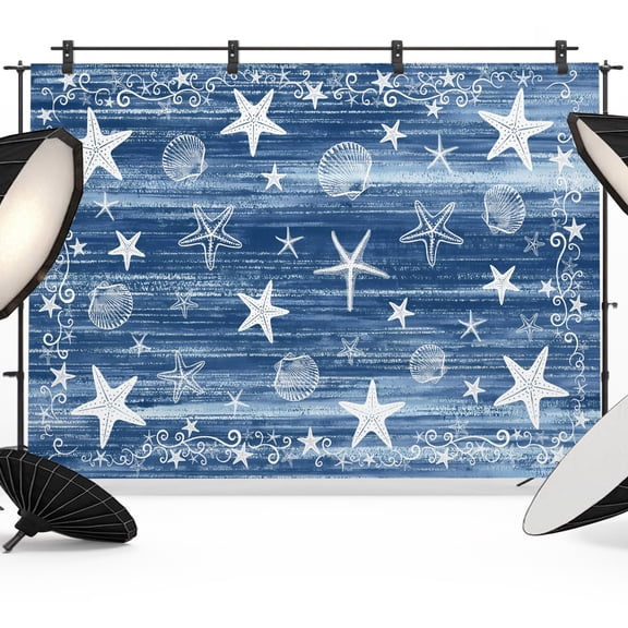 Photo Backdrop 5x7 ft Coastal Starfish Shell Photography Backdrops CurtainsNavy Blue Star Rustic Stripes Grain Photo Booth Drapes for Backdrop Photoshoot Wedding Party Birthday Background Screen