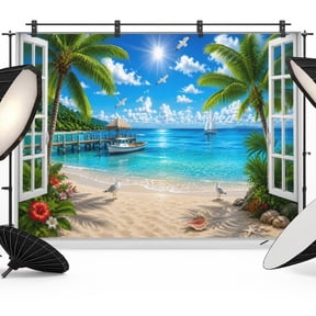 Photo Backdrop 5x7 ft Coastal Window View Photography Backdrops Picture Wall Covering Summer Beach Palm Tree Photo Booth Drapes for Backdrop Photoshoot Wedding Party Birthday Background Screen