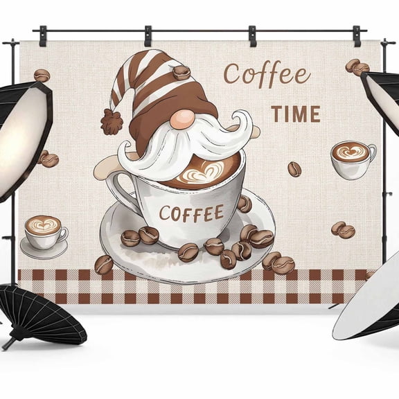 Photo Backdrop 5x7 ft Coffee Time Gnome Photography Backdrops Curtains Wall Covering Coffee Beans Buffalo Plaid Photo Booth Drapes for Backdrop Photoshoot Wedding Party Birthday Background Screen