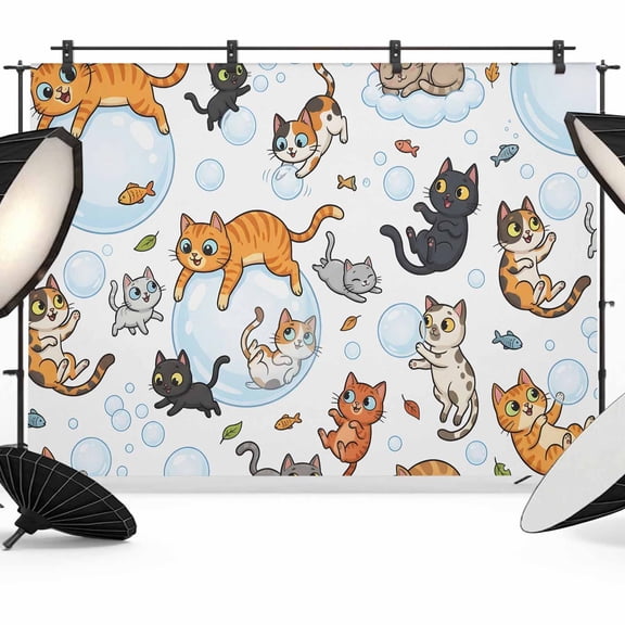 Photo Backdrop 5x7 ft Cute Cat Bubble Photography Backdrops Curtains Wall Covering Playing Animal Catty Fish Photo Booth Drapes for Backdrop Photoshoot Wedding Party Birthday Background Screen