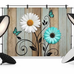 Photo Backdrop 5x7 ft Daisy Flower Butterfly Photography Backdrops Curtains Wall Covering Brown Rustic Wood Grain Photo Booth Drapes for Backdrop Photoshoot Wedding Party Birthday Background Screen