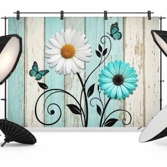 Photo Backdrop 5x7 ft Daisy Flower Butterfly Photography Backdrops Curtains Wall Covering Rustic Wood Grain Photo Booth Drapes for Backdrop Photoshoot Wedding Party Birthday Background Screen