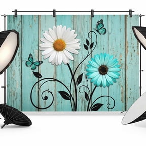 Photo Backdrop 5x7 ft Daisy Flower Butterfly Photography Backdrops CurtainsTeal Blue Rustic Wood Grain Photo Booth Drapes for Backdrop Photoshoot Wedding Party Birthday Background Screen