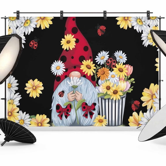 Photo Backdrop 5x7 ft Daisy Gnome Photography Backdrops Curtains Picture Wall Covering Flower Spring Floral Black Photo Booth Drapes for Backdrop Photoshoot Wedding Party Birthday Background Screen