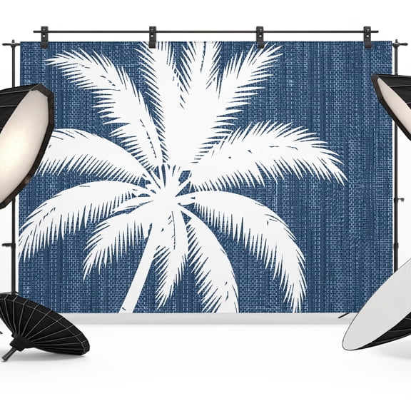Photo Backdrop 5x7 ft Denim Blue Linen Tropical Coconut Tree Photography Backdrops Summer Palm Tree Photo Booth Drapes for Backdrop Photoshoot Wedding Party Birthday Background Screen