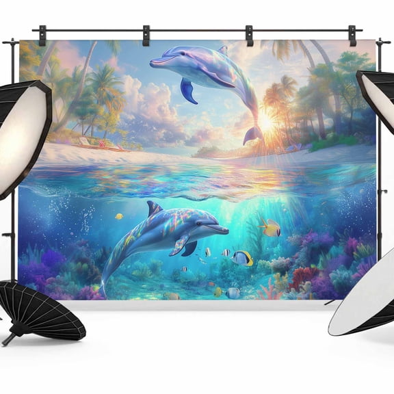 Photo Backdrop 5x7 ft Dolphin Photography Backdrops Curtains Picture Wall Covering Ocean Animal Tropical Coconut Photo Booth Drapes for Backdrop Photoshoot Wedding Party Birthday Background Screen