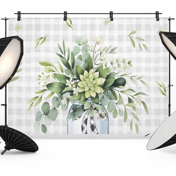 Photo Backdrop 5x7 ft Eucalyptus Leaves Vase Photography Backdrops CurtainsGreen Leaf Floral Grey Plaid Photo Booth Drapes for Backdrop Photoshoot Wedding Party Birthday Background Screen
