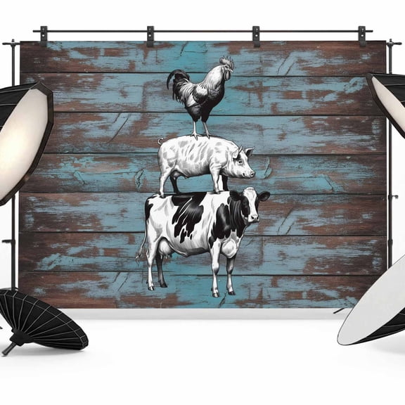 Photo Backdrop 5x7 ft Farm Animal Photography Backdrops CurtainsCow Pig Chicken Rustic Blue Wood Grain Photo Booth Drapes for Backdrop Photoshoot Wedding Party Birthday Background Screen